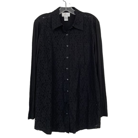 Circles Black Lace Front Long Sleeve Button Down Sz M - Picture 1 of 6
